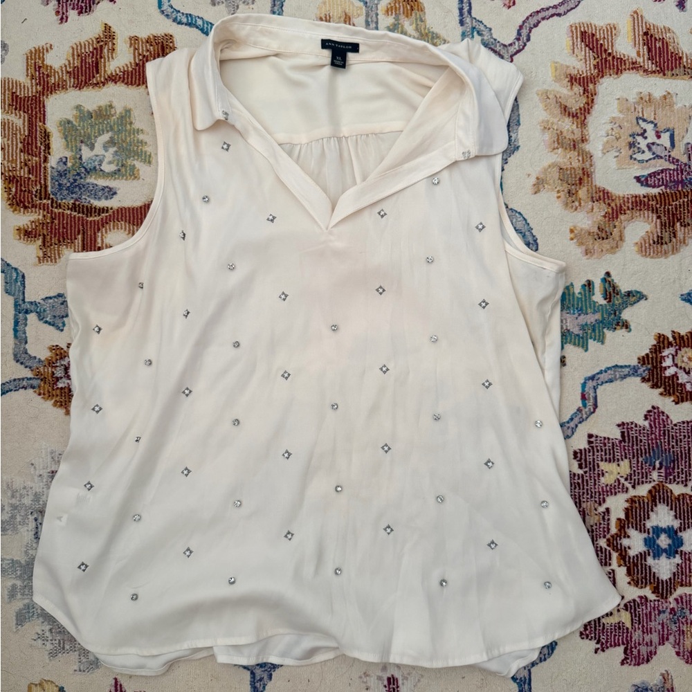 Ann Taylor Cream Sleeveless Blouse with Embellishments